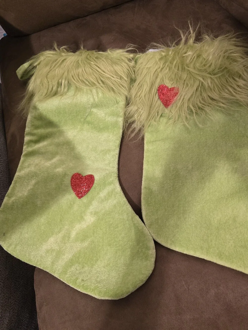 Lime Green Furry Holiday Stocking with Red Heart. Set of 2. NWOT.